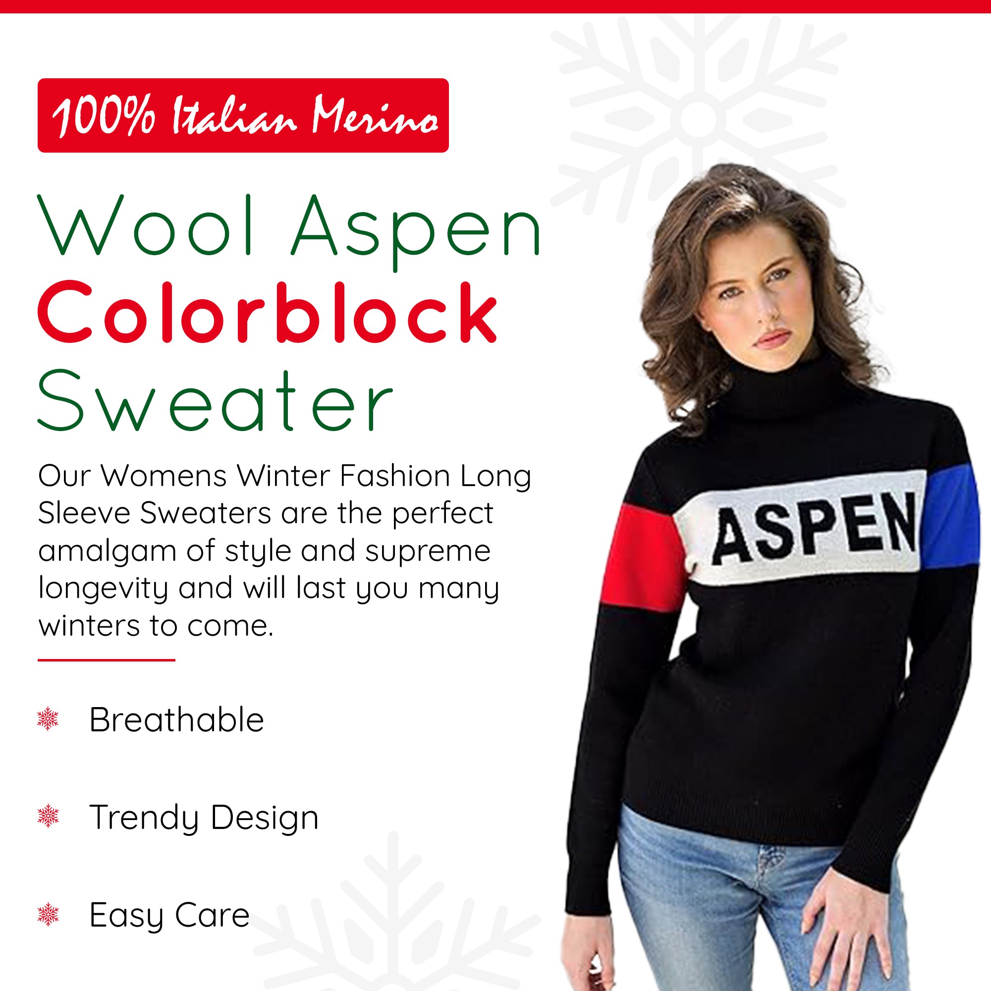 100% Italian Merino Wool Aspen Sweater Turtleneck Long Sleeve Warm Soft Knitted Pullover