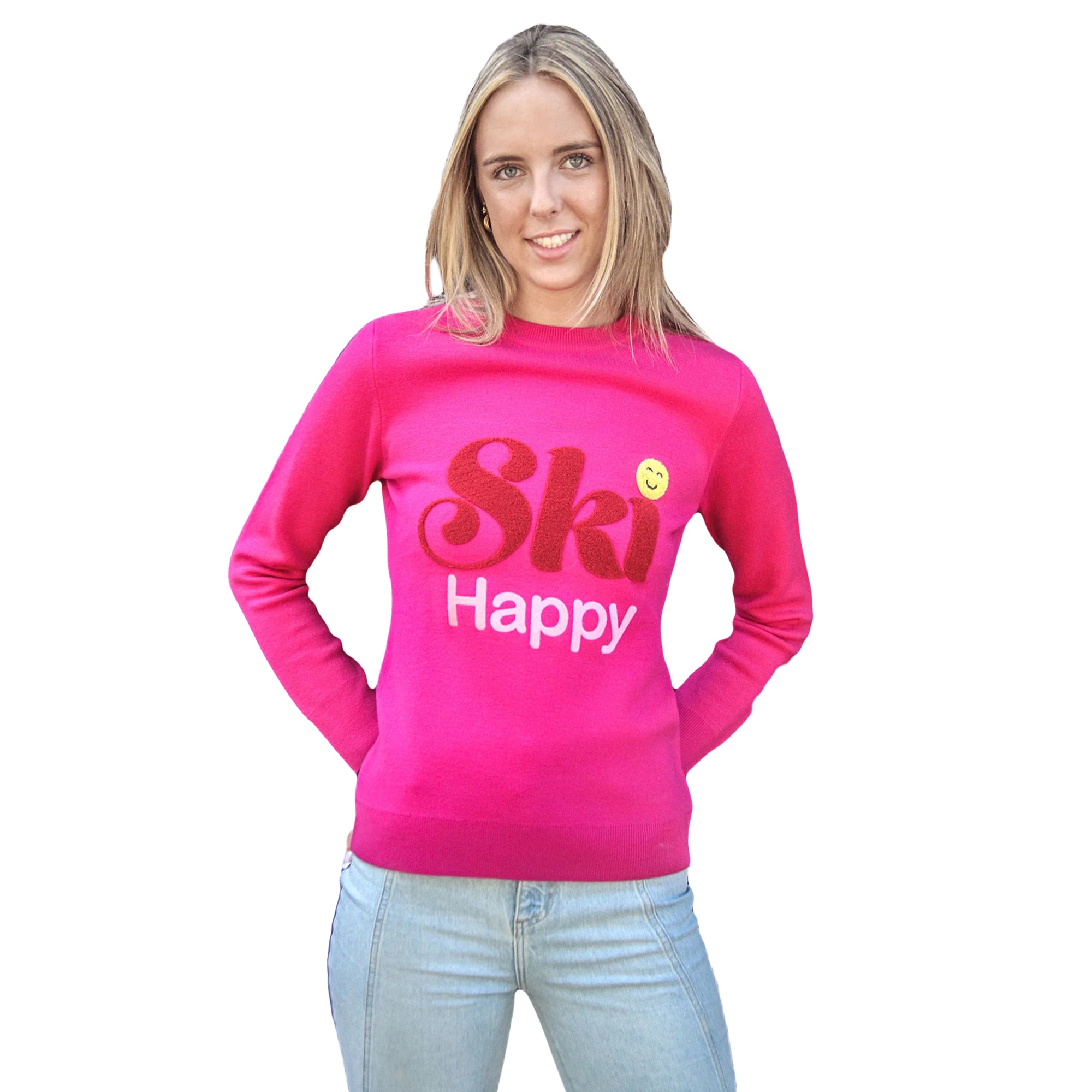 100% Italian Merino Wool SKI HAPPY Womenβs SWEATER Trendy - Crew Neck & Long Sleeve Pullover Sweater