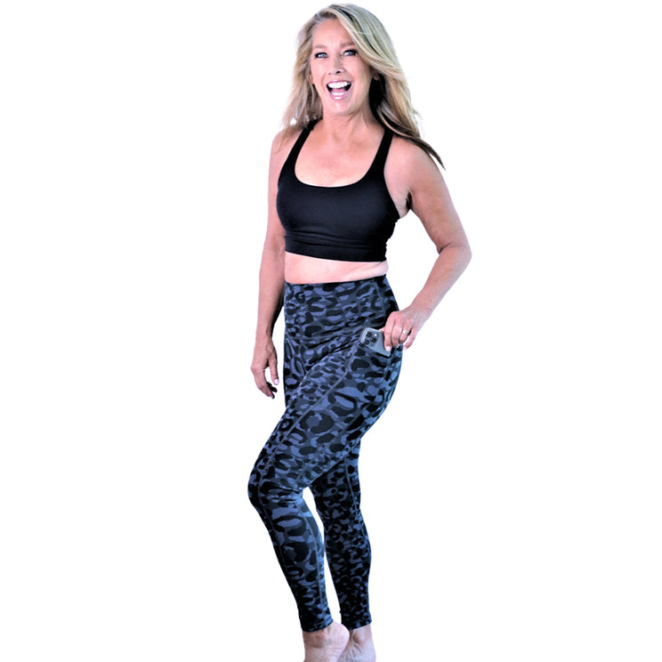 Denise Austin's High Waist Leopard Yoga Leggings with Pockets - Soft Tummy Control Workout Pants