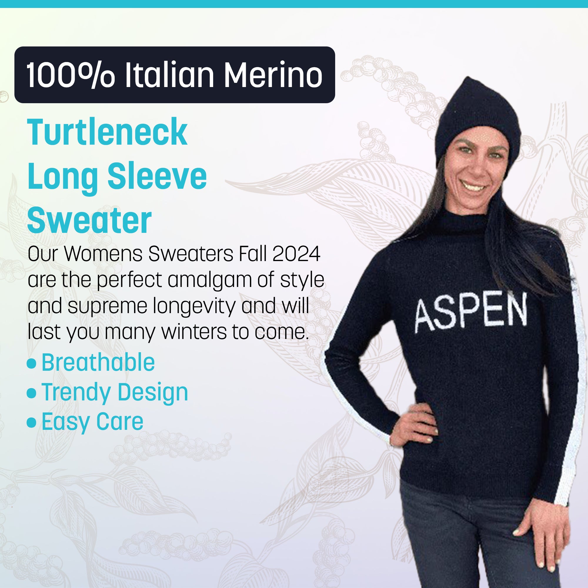 Aspen Snow Society 100% Italian Merino Wool Turtleneck Sweater for Women