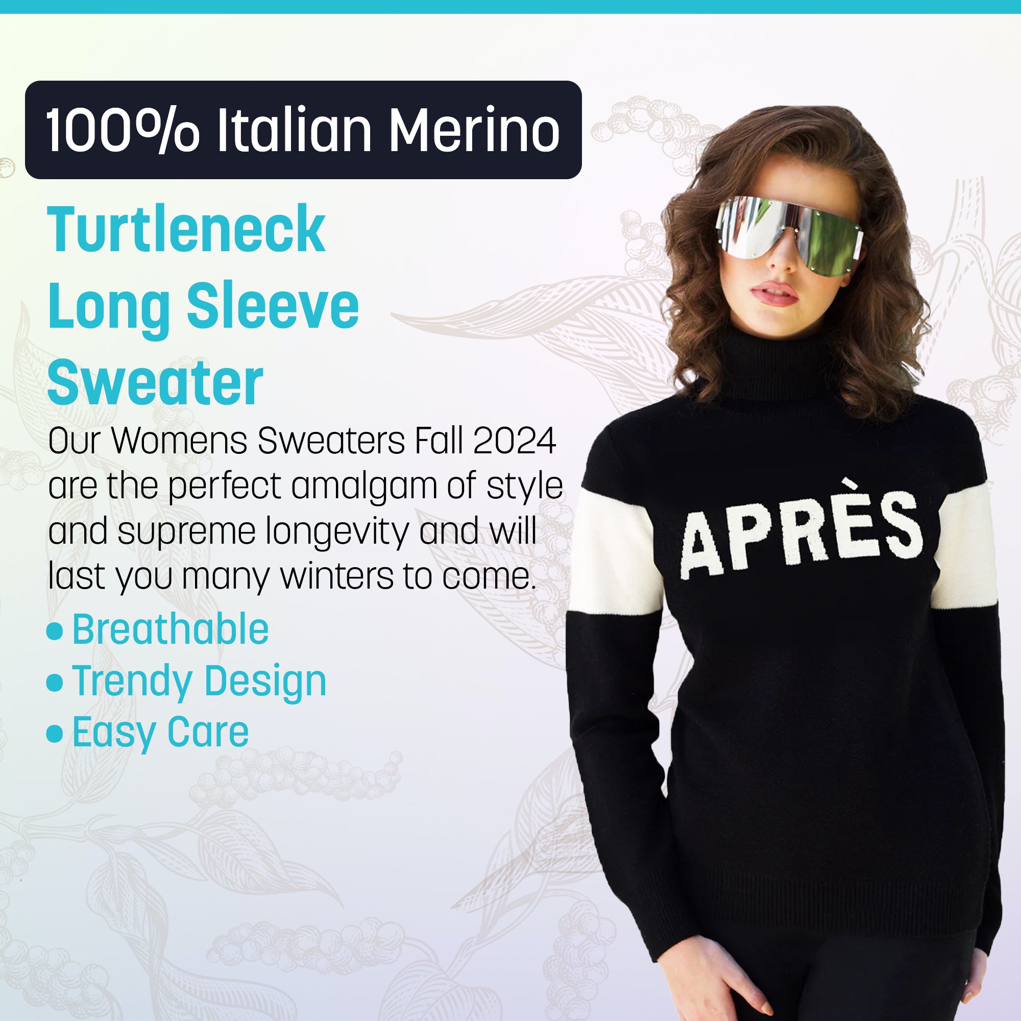 100% Italian Merino Wool Aspen Sweater Turtleneck Long Sleeve & Warm Knitted