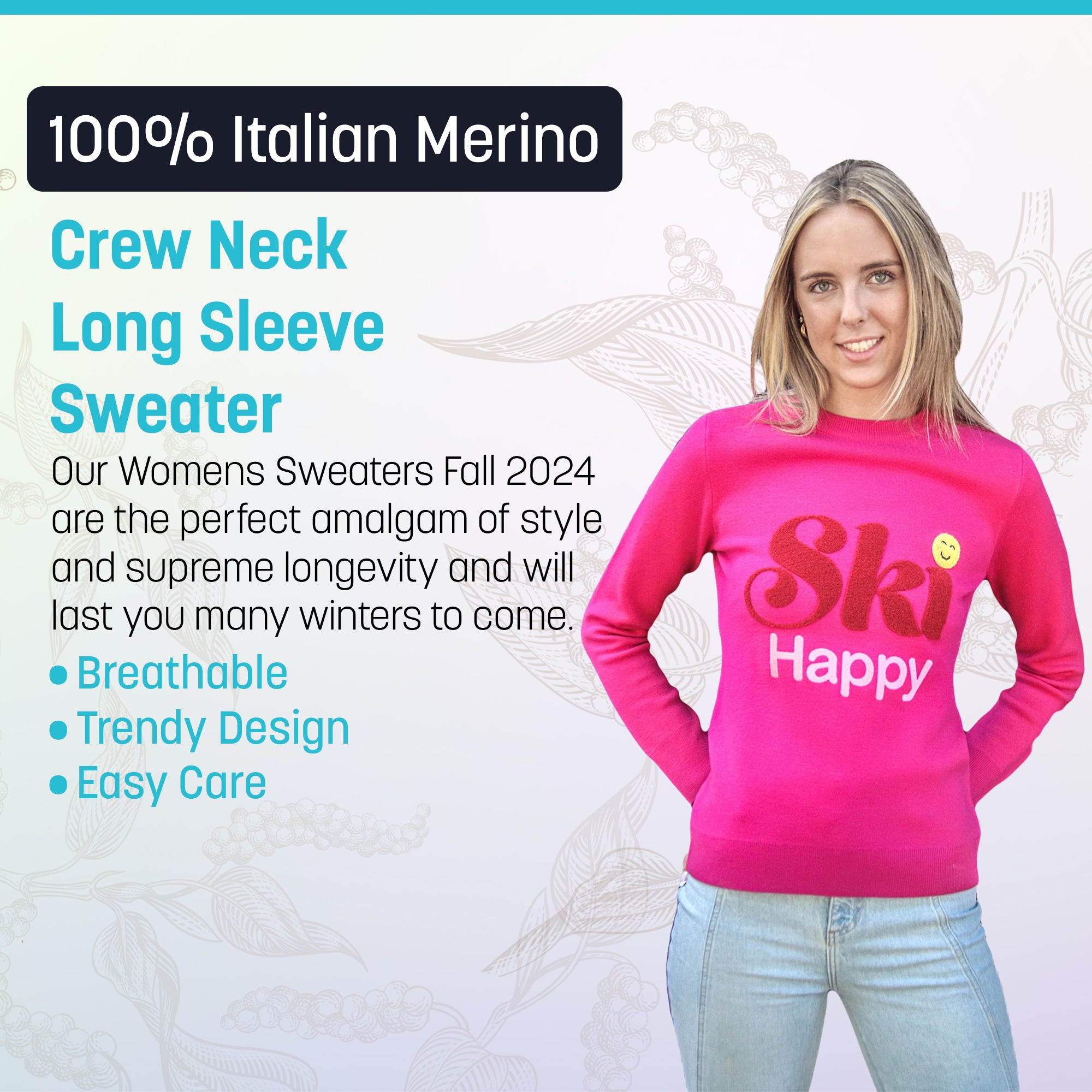 100% Italian Merino Wool SKI HAPPY Women’s SWEATER Trendy - Crew Neck & Long Sleeve Pullover Sweater