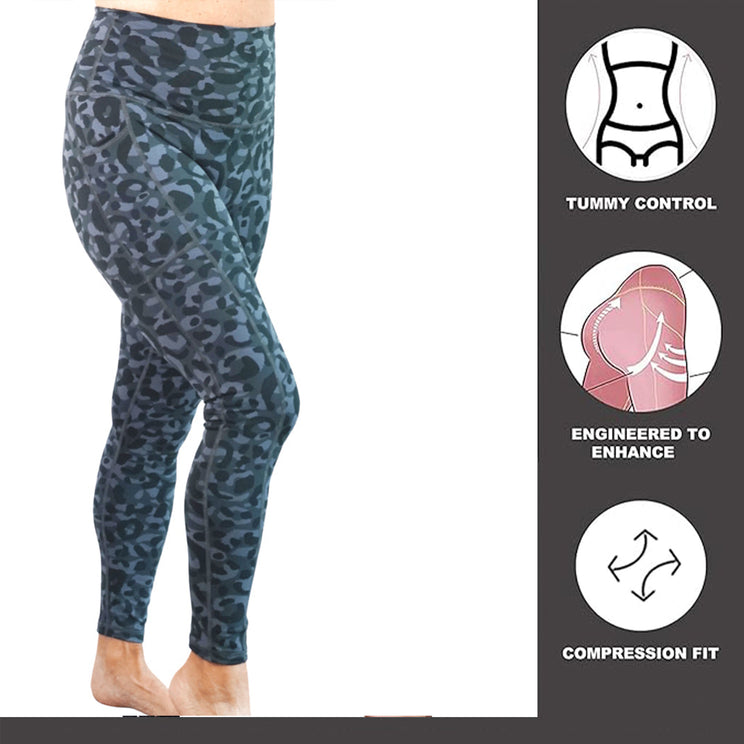 Denise Austin's High Waist Leopard Yoga Leggings with Pockets - Soft Tummy Control Workout Pants