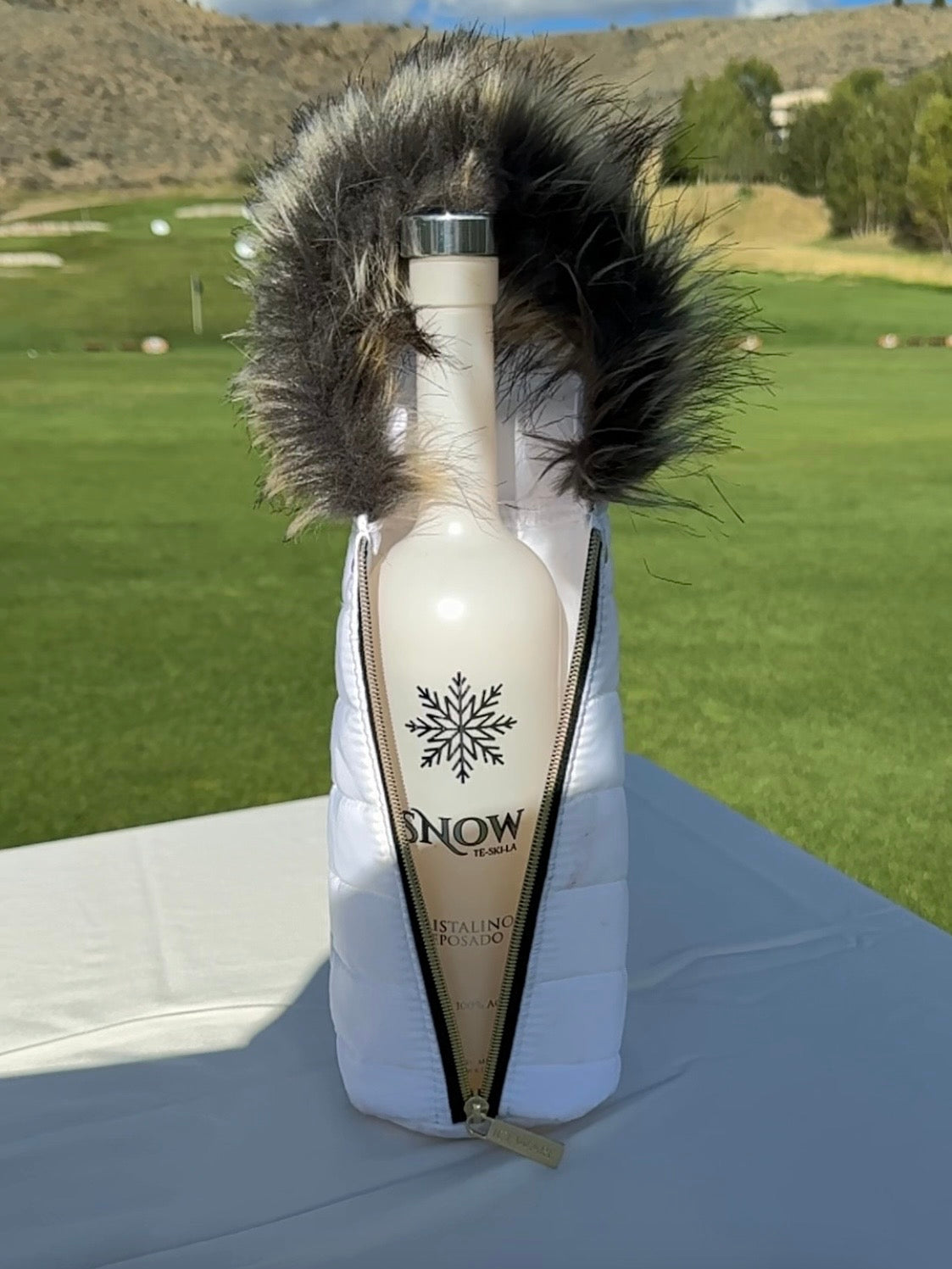 White Puffy Jacket with Faux Fur Hood for Bottle Decoration