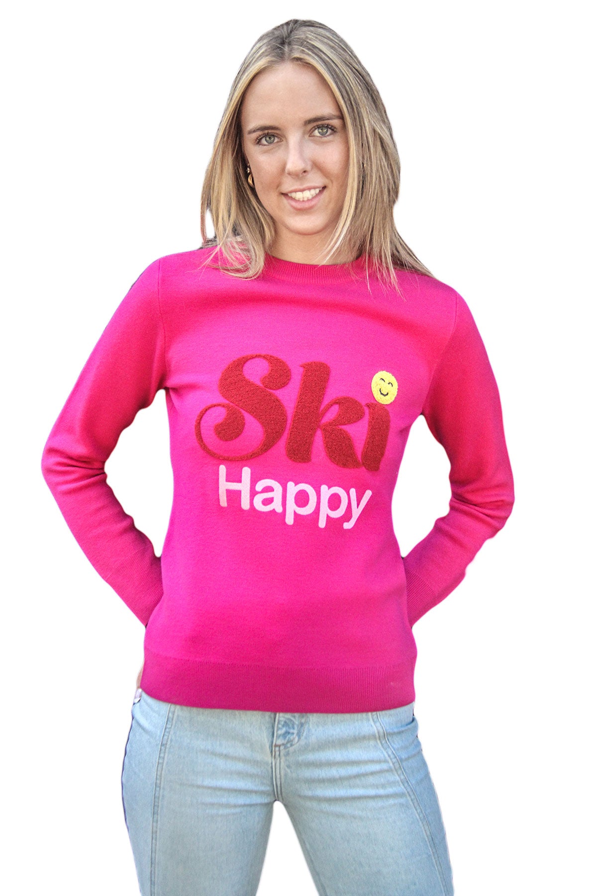 SKI HAPPY Women’s SWEATER. 100% Italian Merino Wool. Trendy Crew Neck Long Sleeve Pullover Ski Print Sweaters Knit Tops