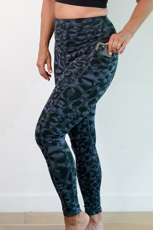 Denise Austin's High Waist Leopard Yoga Leggings with Pockets - Soft Tummy Control Workout Pants