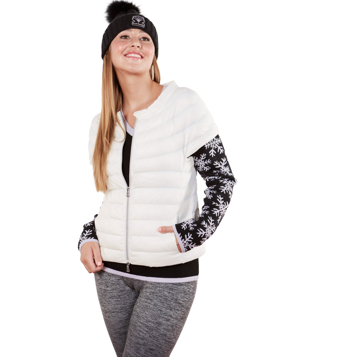 V Neck Snowflake Pattern Sweater with White Down Vest