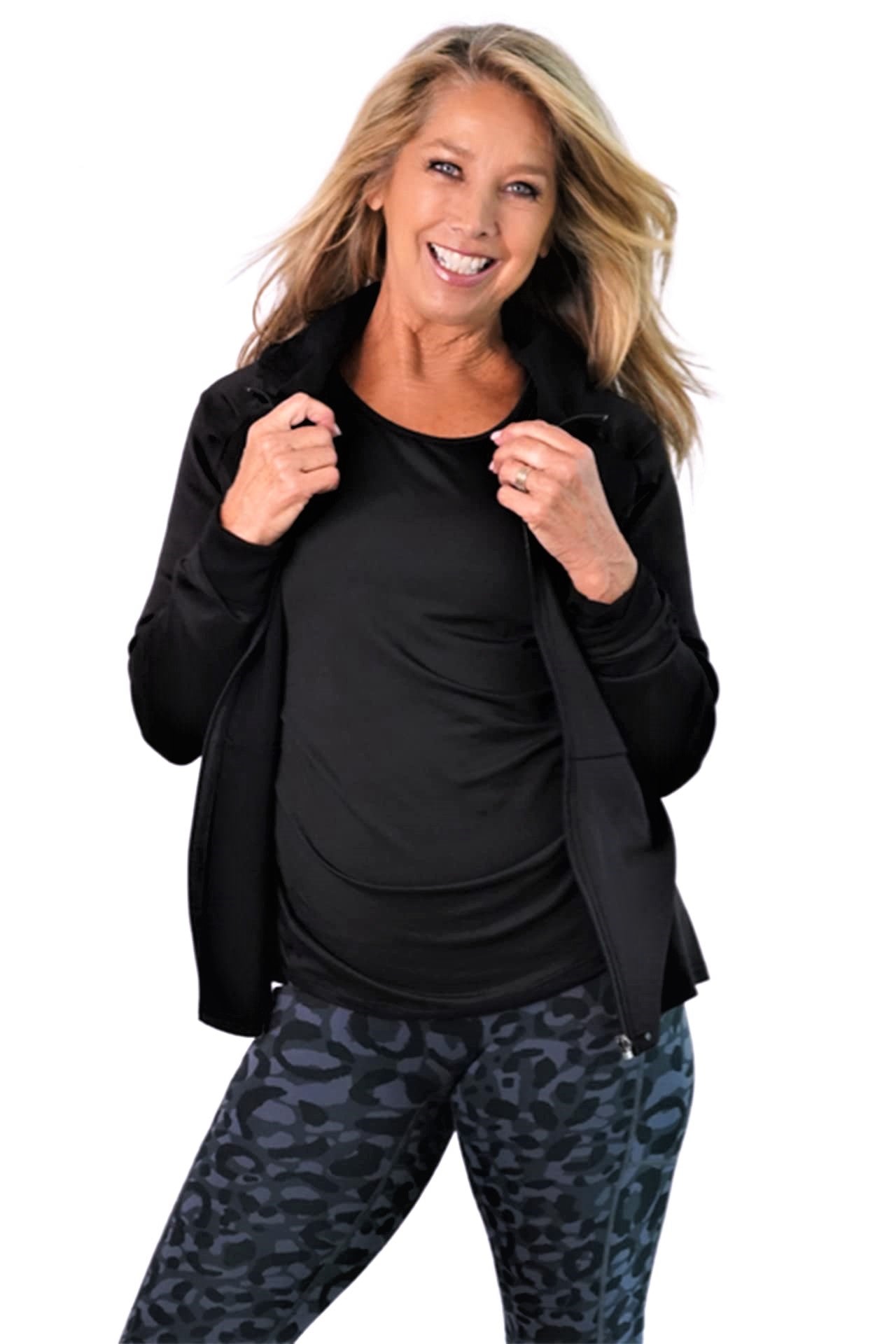 Denise Austin's Full Zip Workout Sports Jacket - Zipper Lightweight Black Hoodie